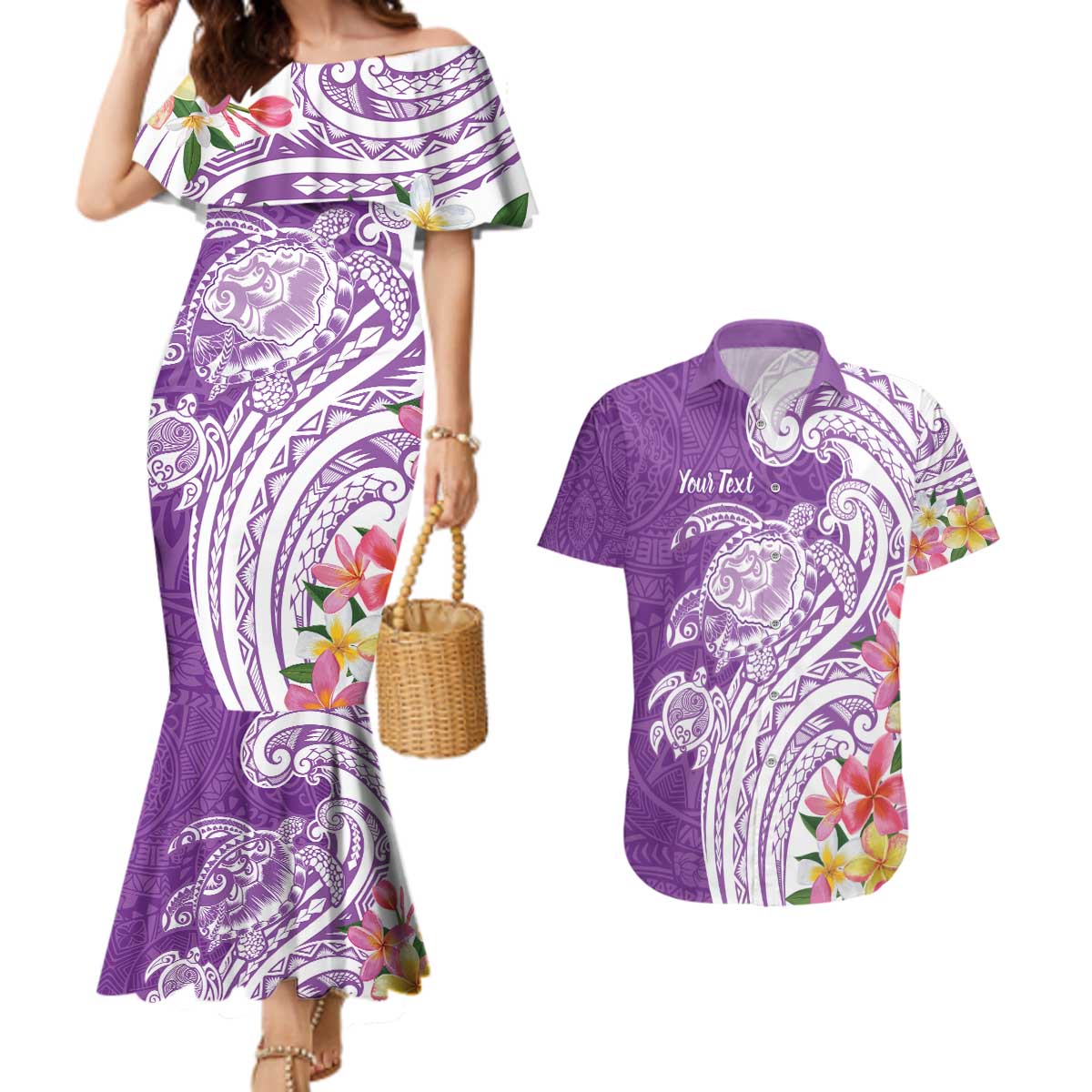 Aloha Kauai Island Personalized Couples Matching Mermaid Dress and Hawaiian Shirt Lilac Dreamy Turtle