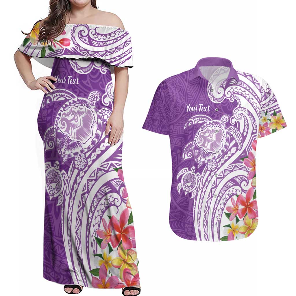 Aloha Kauai Island Personalized Couples Matching Off Shoulder Maxi Dress and Hawaiian Shirt Lilac Dreamy Turtle