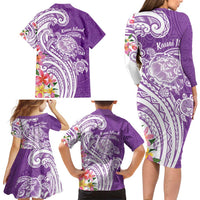 Aloha Kauai Island Personalized Family Matching Long Sleeve Bodycon Dress and Hawaiian Shirt Lilac Dreamy Turtle