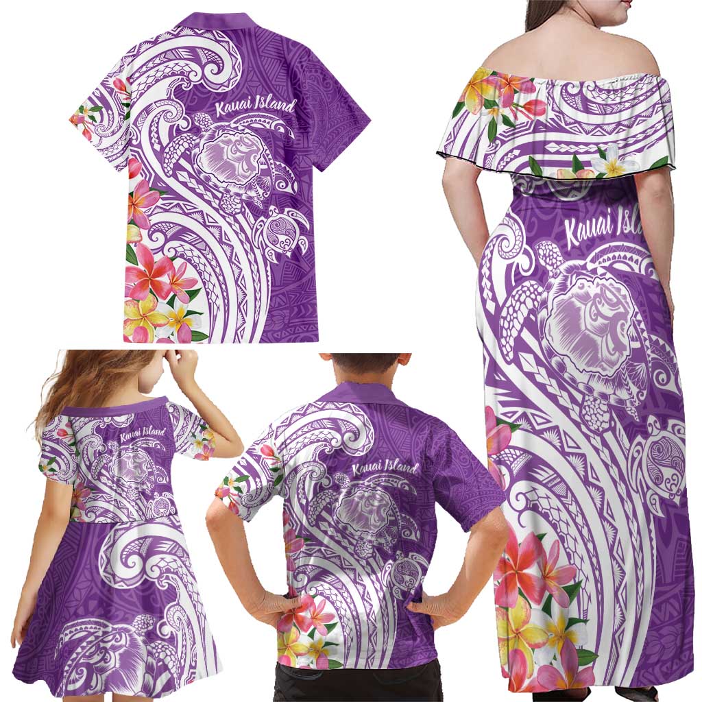 Aloha Kauai Island Personalized Family Matching Off Shoulder Maxi Dress and Hawaiian Shirt Lilac Dreamy Turtle