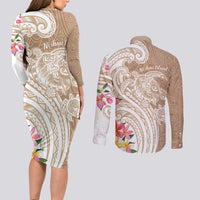 Aloha Niihau Island Personalized Couples Matching Long Sleeve Bodycon Dress and Long Sleeve Button Shirt Beige Dreamy Turtle LT7 - Polynesian Pride