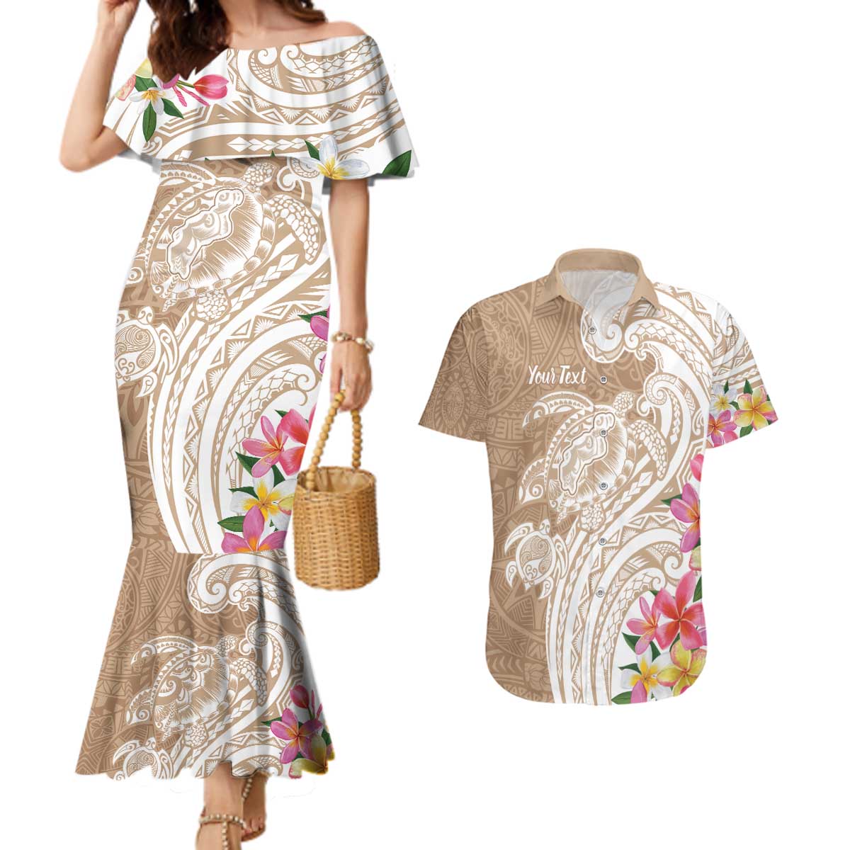 Aloha Ni’ihau Island Personalized Couples Matching Mermaid Dress and Hawaiian Shirt Beige Dreamy Turtle
