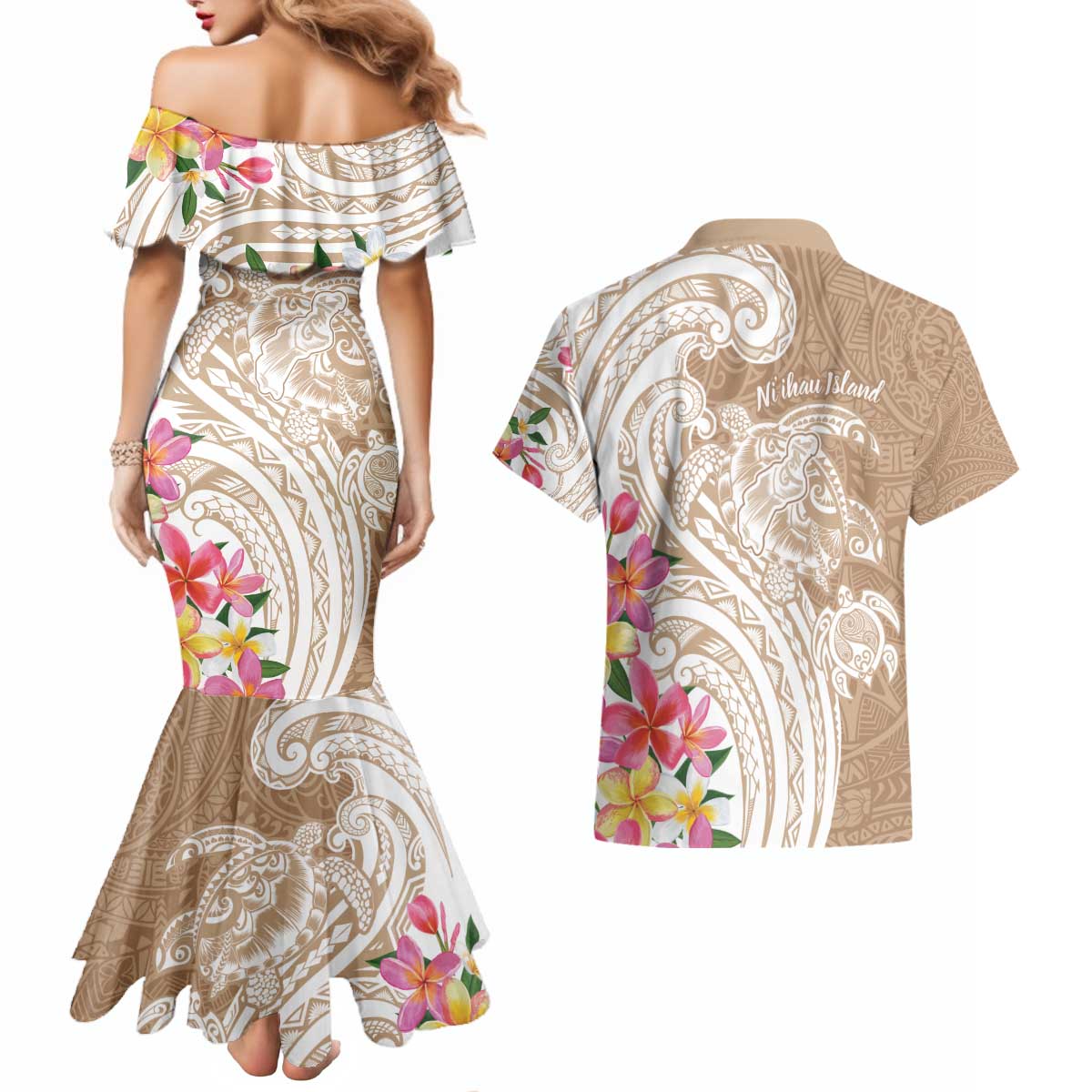 Aloha Ni’ihau Island Personalized Couples Matching Mermaid Dress and Hawaiian Shirt Beige Dreamy Turtle