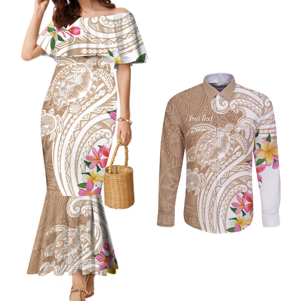 Aloha Niihau Island Personalized Couples Matching Mermaid Dress and Long Sleeve Button Shirt Beige Dreamy Turtle LT7 Beige - Polynesian Pride