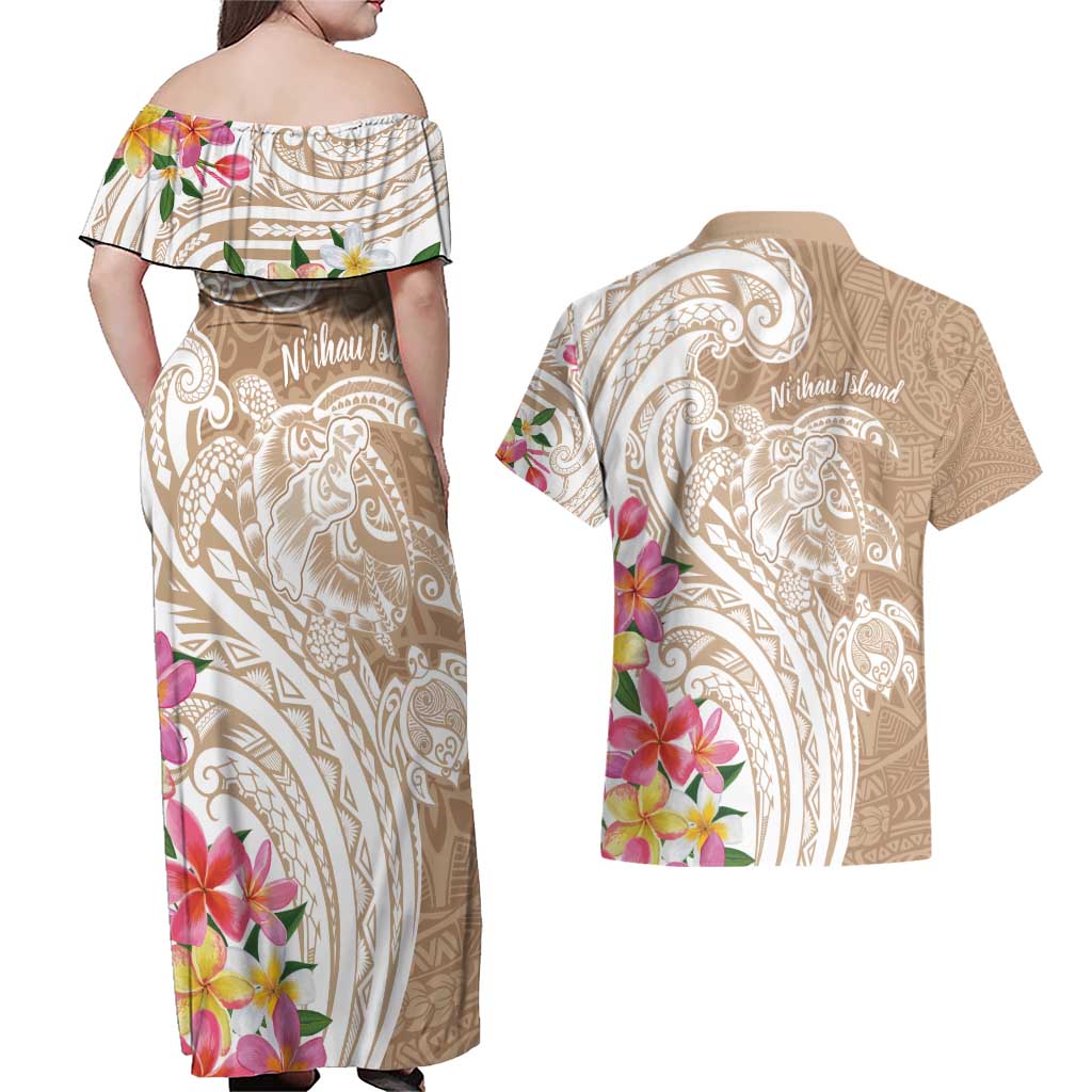 Aloha Ni’ihau Island Personalized Couples Matching Off Shoulder Maxi Dress and Hawaiian Shirt Beige Dreamy Turtle