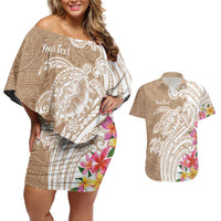 Aloha Ni’ihau Island Personalized Couples Matching Off Shoulder Short Dress and Hawaiian Shirt Beige Dreamy Turtle