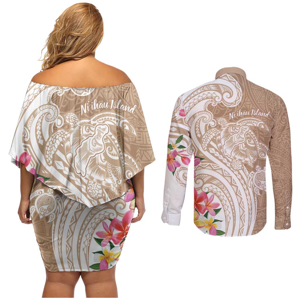 Aloha Ni’ihau Island Personalized Couples Matching Off Shoulder Short Dress and Long Sleeve Button Shirt Beige Dreamy Turtle