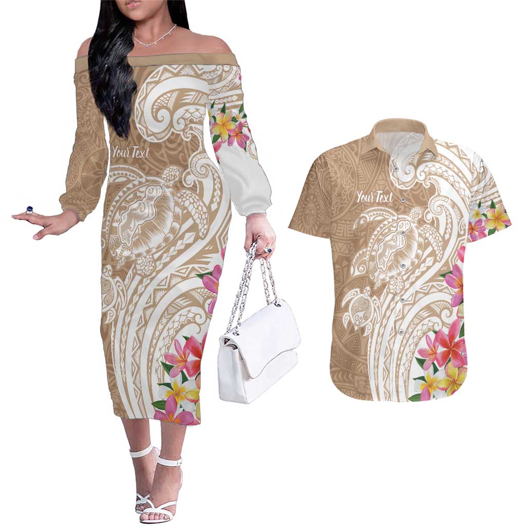 Aloha Ni’ihau Island Personalized Couples Matching Off The Shoulder Long Sleeve Dress and Hawaiian Shirt Beige Dreamy Turtle