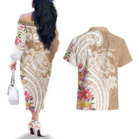 Aloha Ni’ihau Island Personalized Couples Matching Off The Shoulder Long Sleeve Dress and Hawaiian Shirt Beige Dreamy Turtle