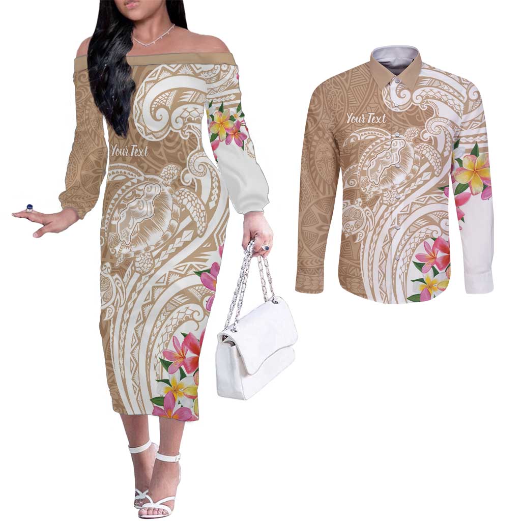 Aloha Niihau Island Personalized Couples Matching Off The Shoulder Long Sleeve Dress and Long Sleeve Button Shirt Beige Dreamy Turtle LT7 Beige - Polynesian Pride