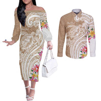 Aloha Niihau Island Personalized Couples Matching Off The Shoulder Long Sleeve Dress and Long Sleeve Button Shirt Beige Dreamy Turtle LT7 Beige - Polynesian Pride