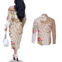 Aloha Niihau Island Personalized Couples Matching Off The Shoulder Long Sleeve Dress and Long Sleeve Button Shirt Beige Dreamy Turtle LT7 - Polynesian Pride