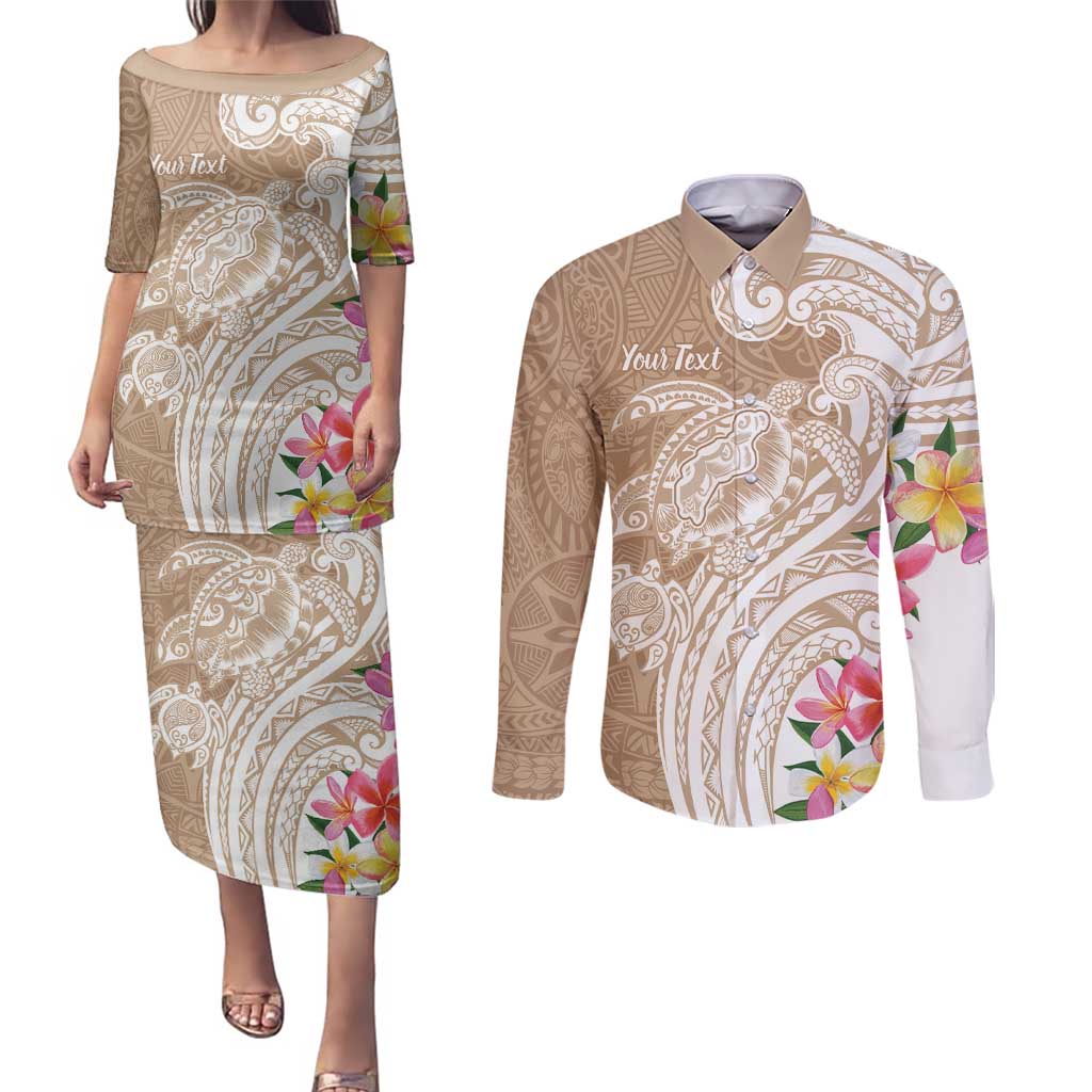 Aloha Niihau Island Personalized Couples Matching Puletasi and Long Sleeve Button Shirt Beige Dreamy Turtle LT7 Beige - Polynesian Pride