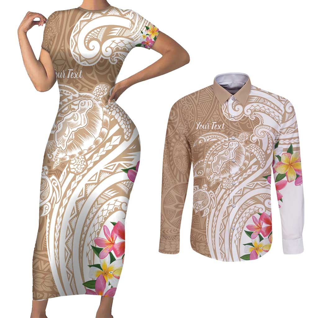 Aloha Niihau Island Personalized Couples Matching Short Sleeve Bodycon Dress and Long Sleeve Button Shirt Beige Dreamy Turtle LT7 Beige - Polynesian Pride