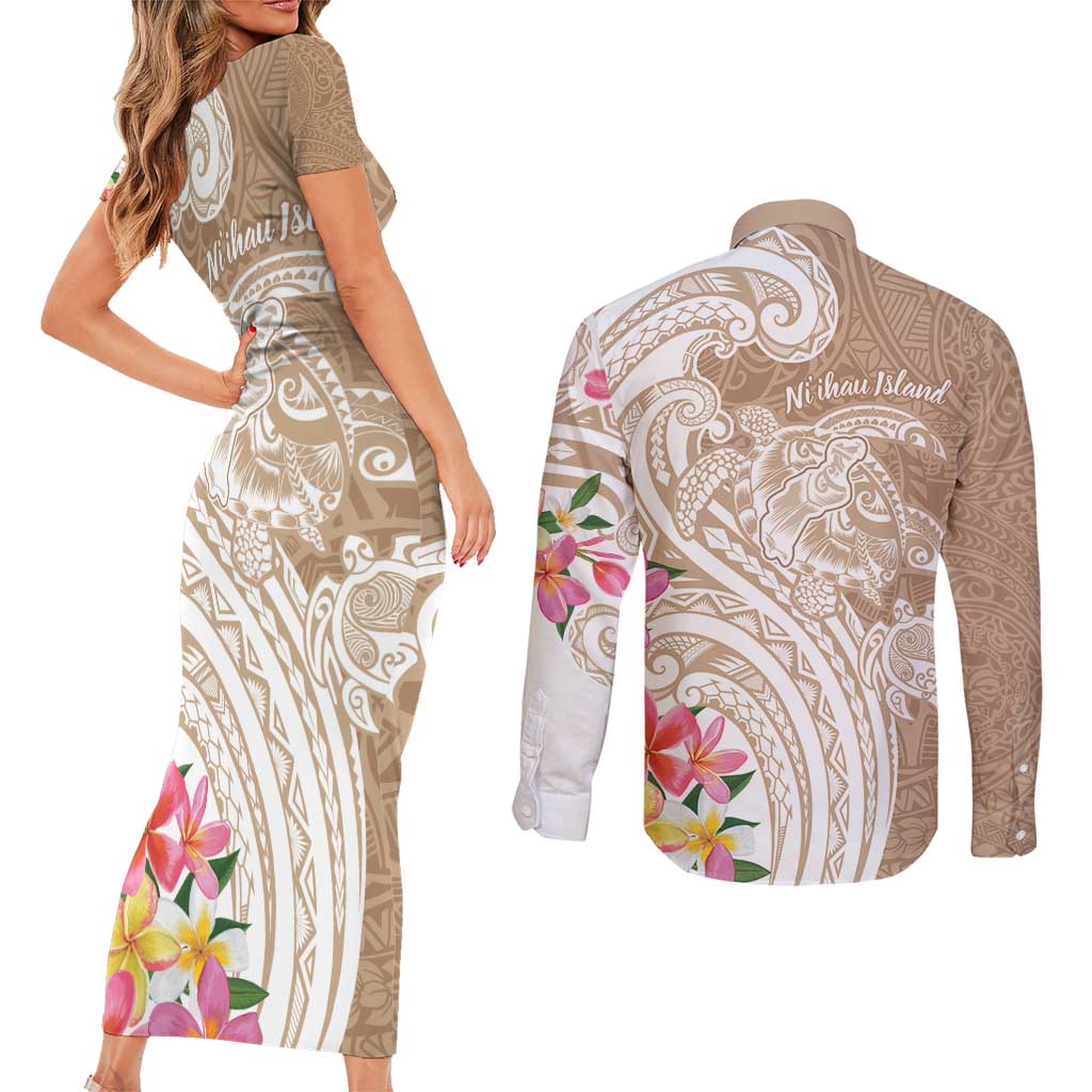 Aloha Niihau Island Personalized Couples Matching Short Sleeve Bodycon Dress and Long Sleeve Button Shirt Beige Dreamy Turtle LT7 - Polynesian Pride