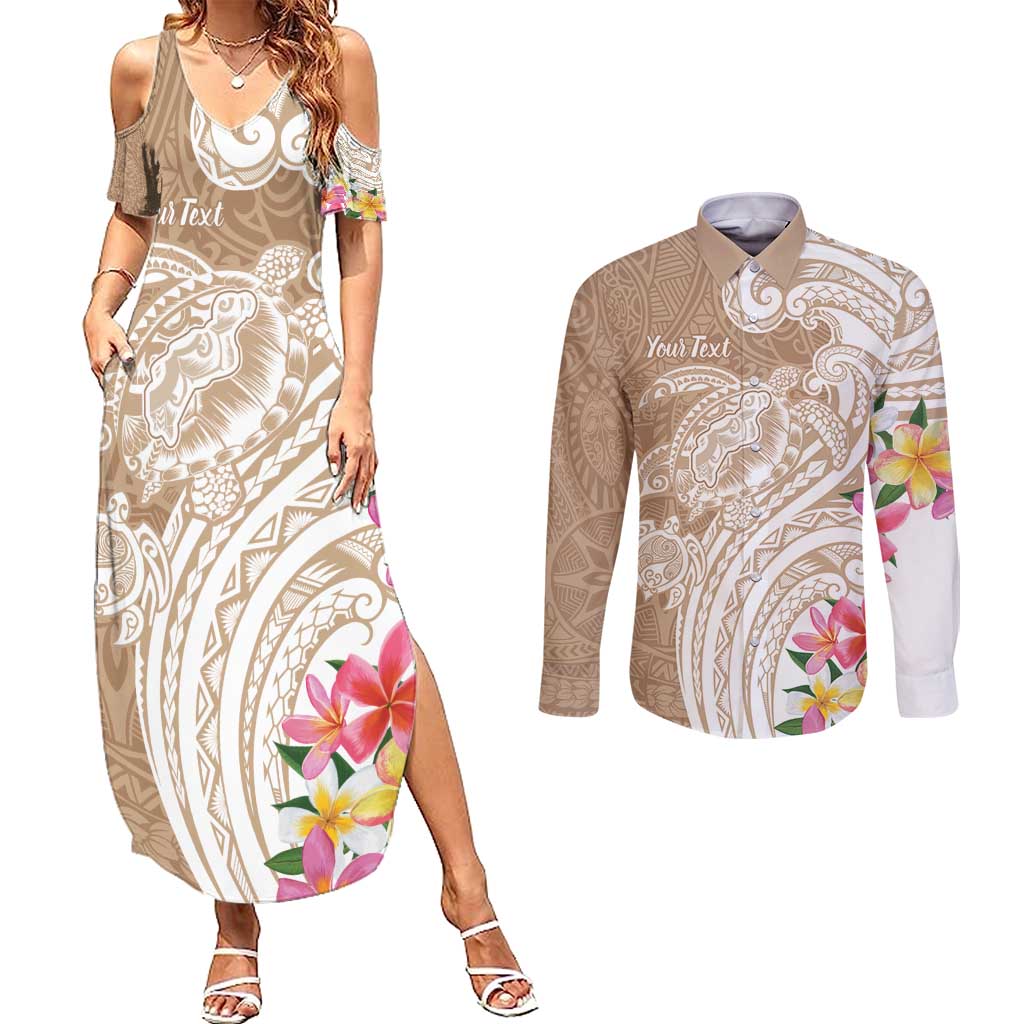 Aloha Niihau Island Personalized Couples Matching Summer Maxi Dress and Long Sleeve Button Shirt Beige Dreamy Turtle LT7 Beige - Polynesian Pride