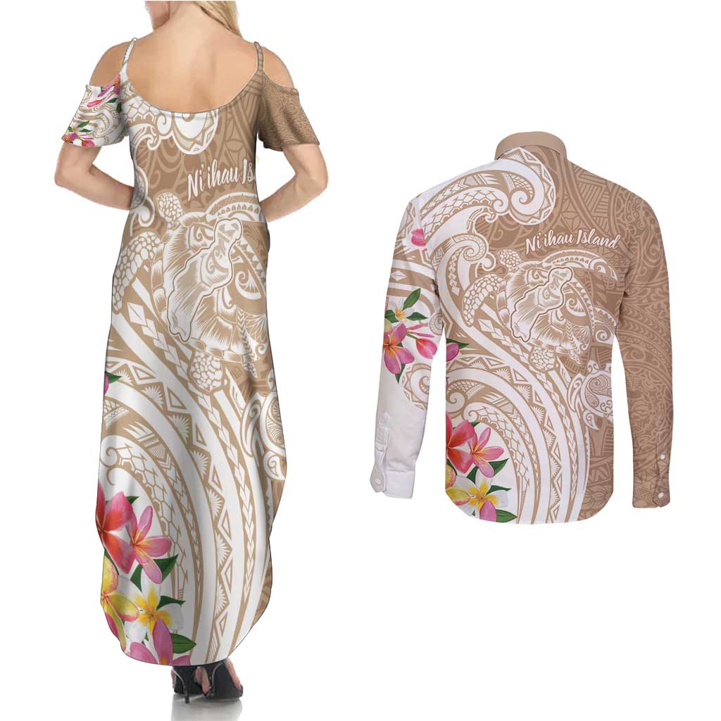 Aloha Ni’ihau Island Personalized Couples Matching Summer Maxi Dress and Long Sleeve Button Shirt Beige Dreamy Turtle