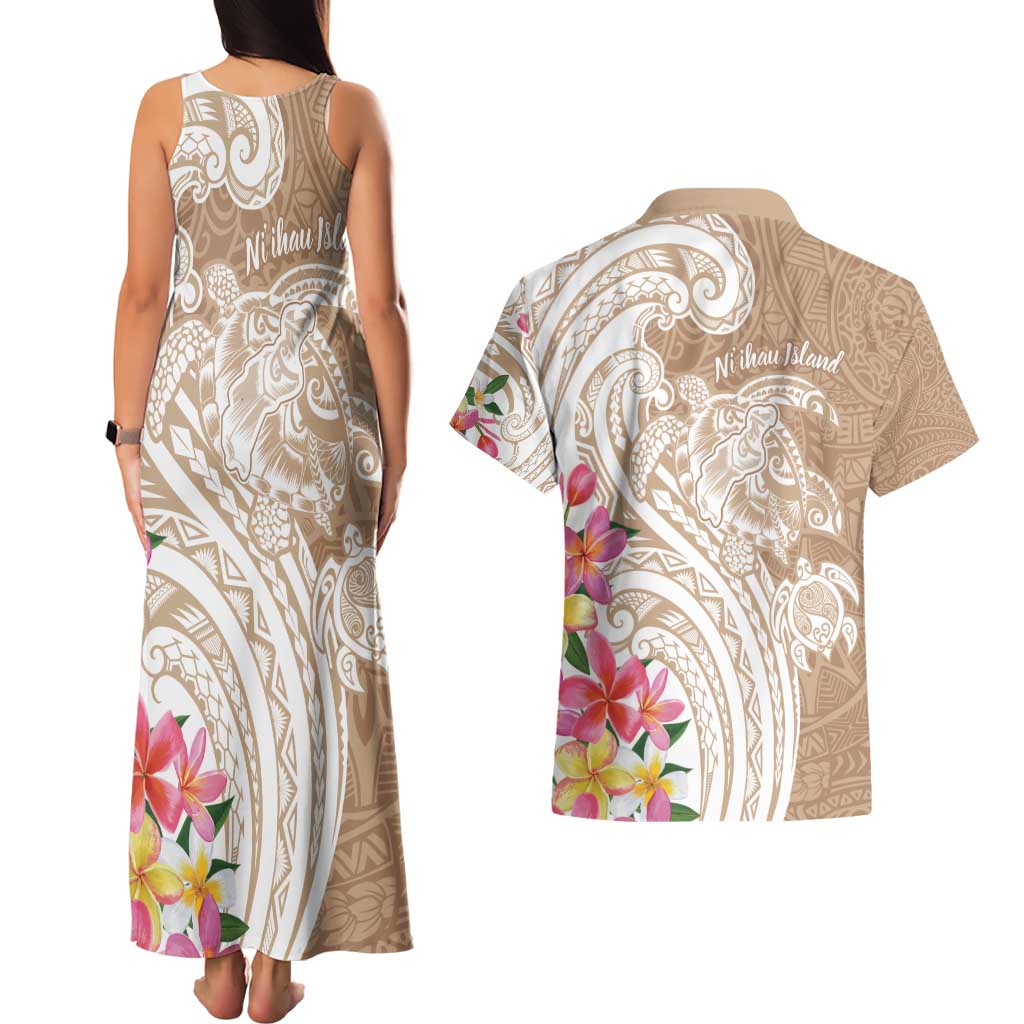Aloha Ni’ihau Island Personalized Couples Matching Tank Maxi Dress and Hawaiian Shirt Beige Dreamy Turtle