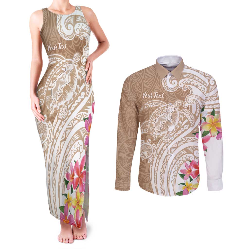 Aloha Niihau Island Personalized Couples Matching Tank Maxi Dress and Long Sleeve Button Shirt Beige Dreamy Turtle LT7 Beige - Polynesian Pride
