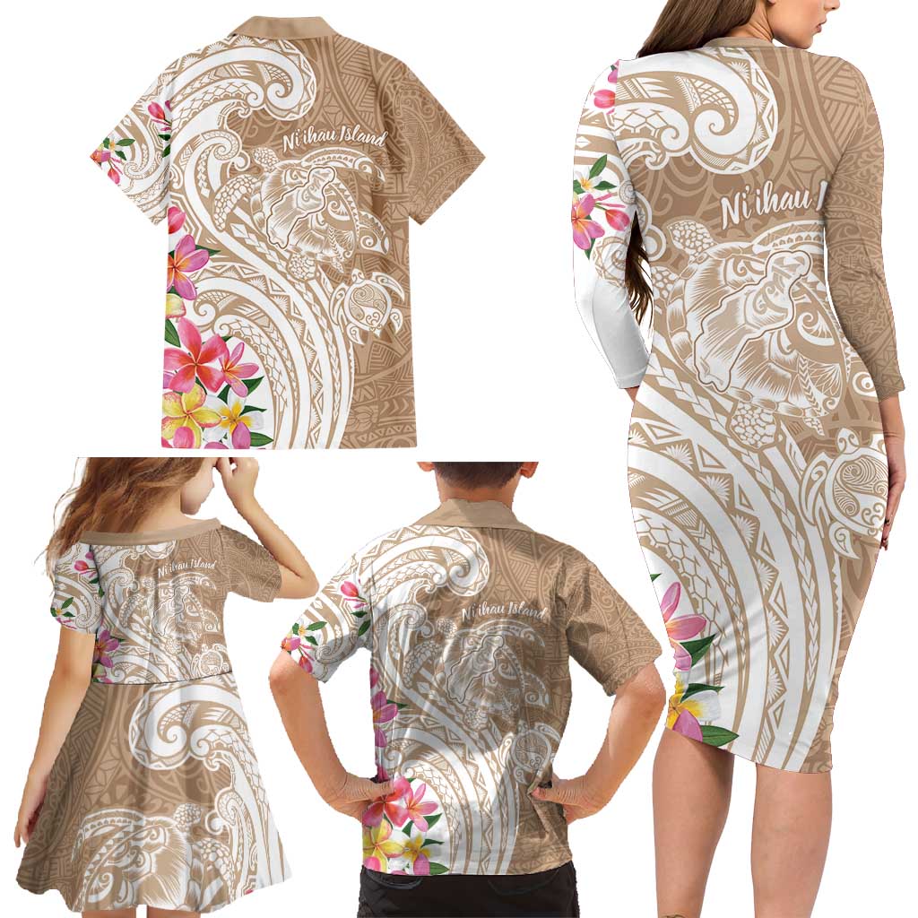 Aloha Ni’ihau Island Personalized Family Matching Long Sleeve Bodycon Dress and Hawaiian Shirt Beige Dreamy Turtle
