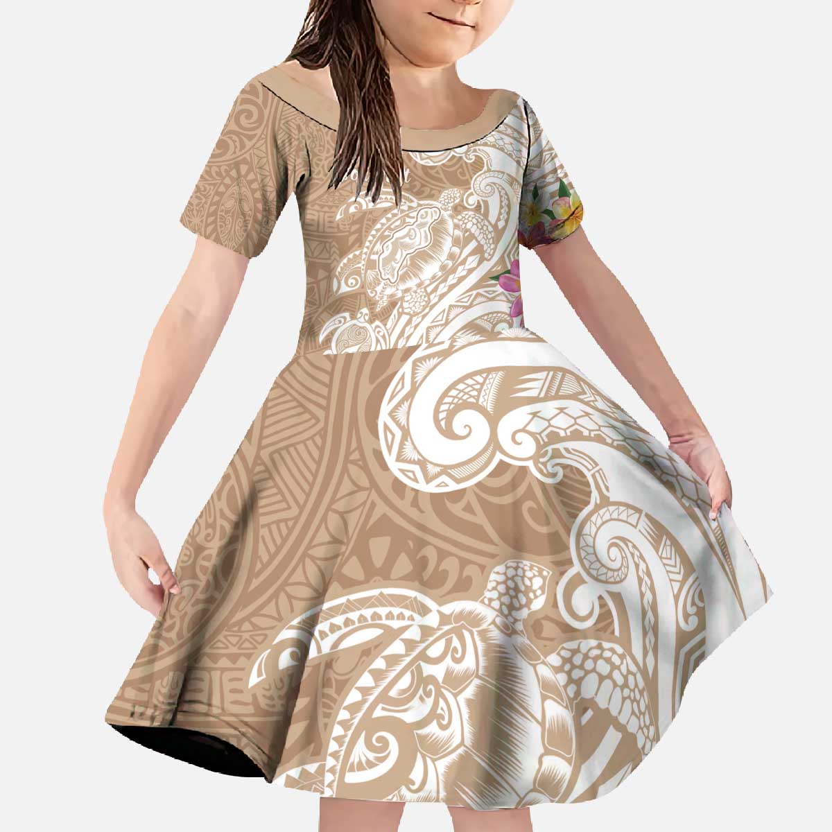 Aloha Ni’ihau Island Personalized Family Matching Off The Shoulder Long Sleeve Dress and Hawaiian Shirt Beige Dreamy Turtle