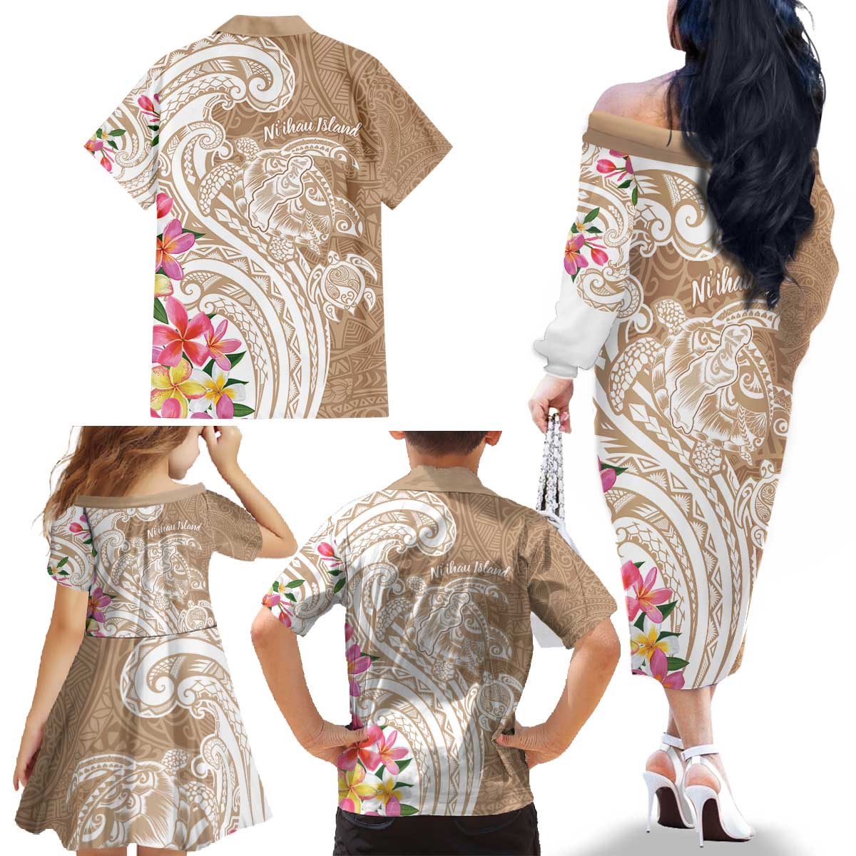 Aloha Ni’ihau Island Personalized Family Matching Off The Shoulder Long Sleeve Dress and Hawaiian Shirt Beige Dreamy Turtle