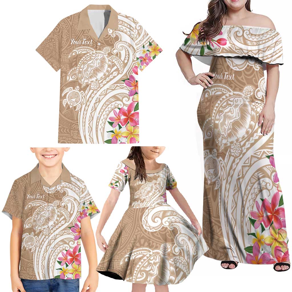 Aloha Ni’ihau Island Personalized Family Matching Off Shoulder Maxi Dress and Hawaiian Shirt Beige Dreamy Turtle