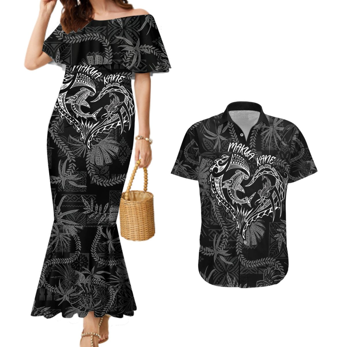 Hawaii Father's Day Vintage Lei Couples Matching Mermaid Dress and Hawaiian Shirt Hauoli la Makuakane - Black LT7 Black - Polynesian Pride