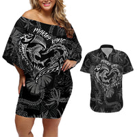 Hawaii Father's Day Vintage Lei Couples Matching Off Shoulder Short Dress and Hawaiian Shirt Hauoli la Makuakane - Black