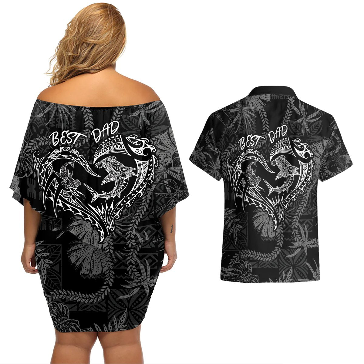 Hawaii Father's Day Vintage Lei Couples Matching Off Shoulder Short Dress and Hawaiian Shirt Hauoli la Makuakane - Black