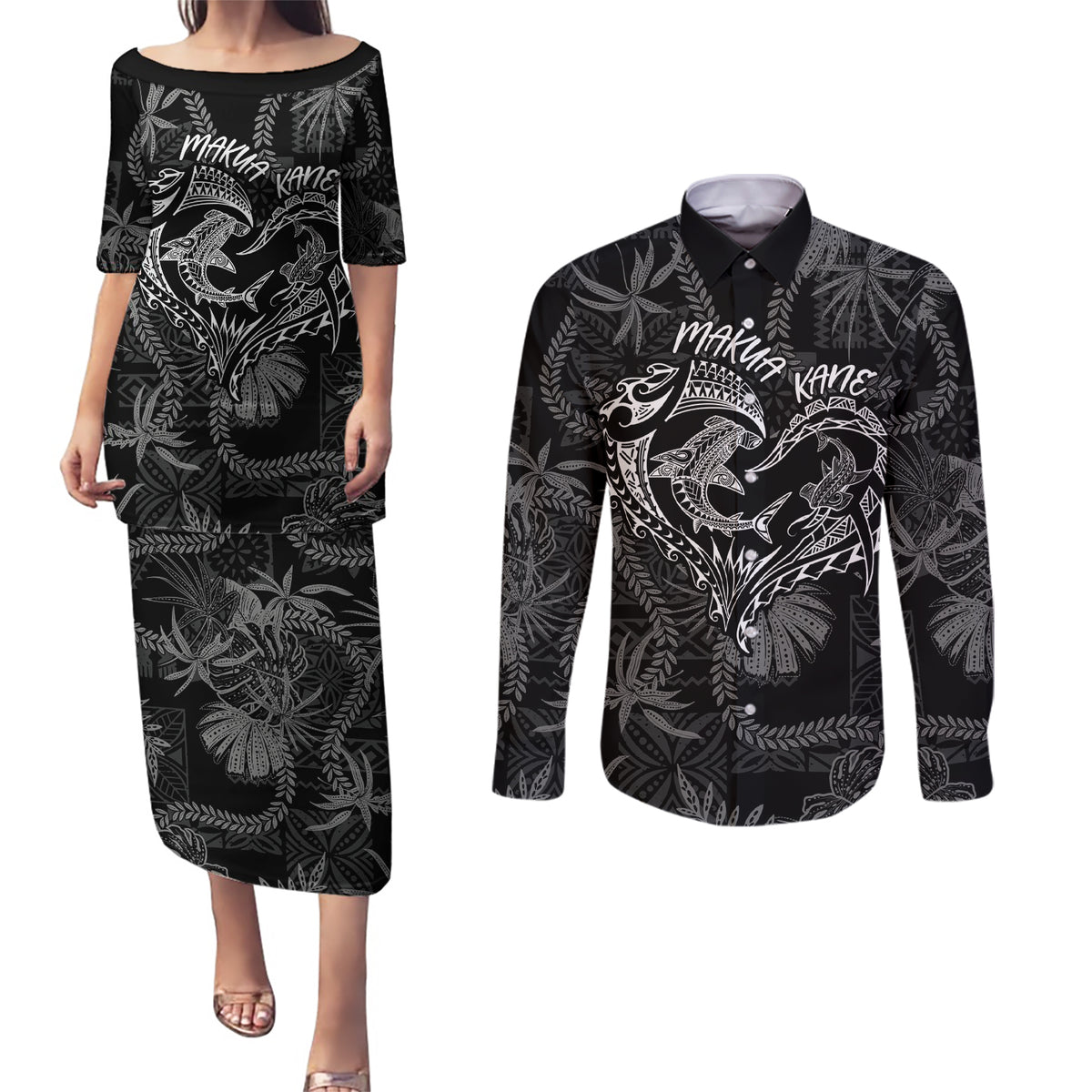 Hawaii Father's Day Vintage Lei Couples Matching Puletasi and Long Sleeve Button Shirt Hauoli la Makuakane - Black LT7 Black - Polynesian Pride