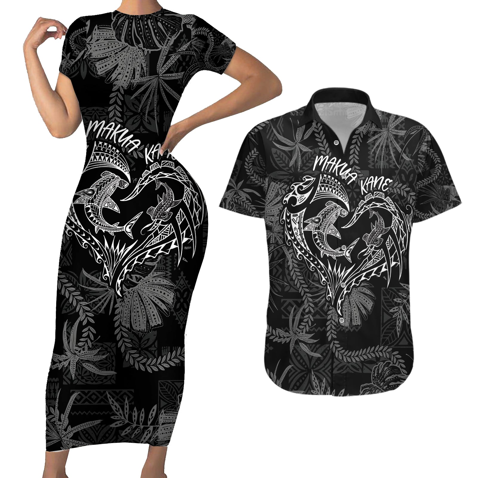 Hawaii Father's Day Vintage Lei Couples Matching Short Sleeve Bodycon Dress and Hawaiian Shirt Hauoli la Makuakane - Black