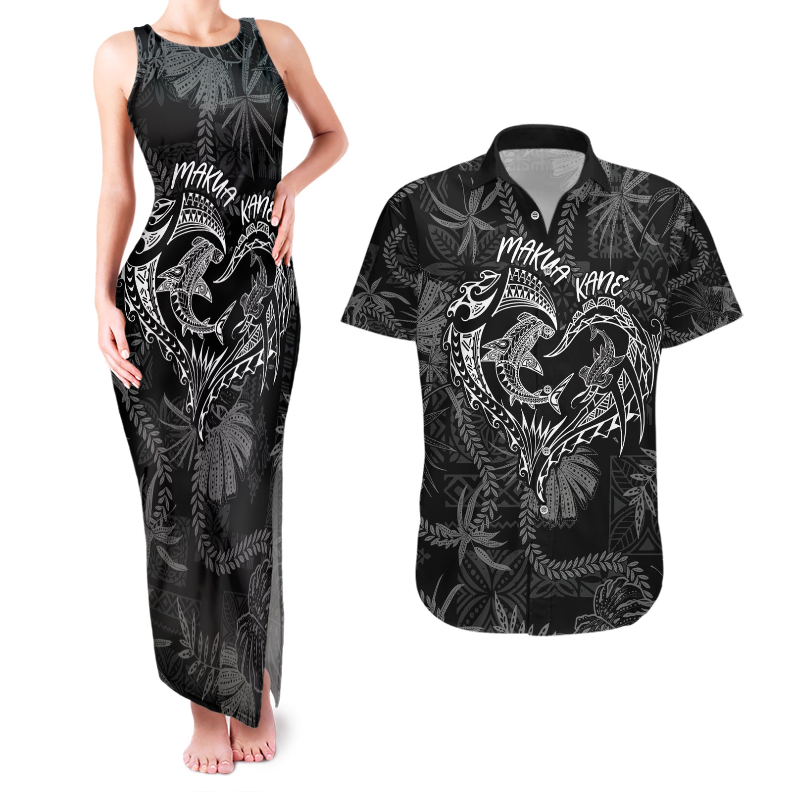 Hawaii Father's Day Vintage Lei Couples Matching Tank Maxi Dress and Hawaiian Shirt Hauoli la Makuakane - Black