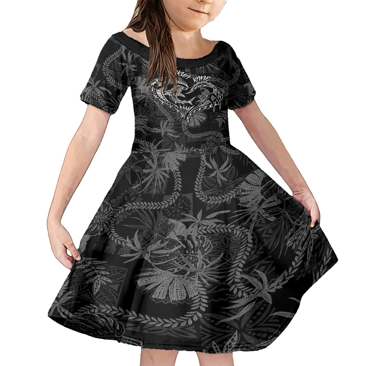 Hawaii Father's Day Vintage Lei Family Matching Off Shoulder Maxi Dress and Hawaiian Shirt Hauoli la Makuakane - Black LT7 Daughter's Dress Black - Polynesian Pride