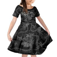 Hawaii Father's Day Vintage Lei Family Matching Off Shoulder Short Dress and Hawaiian Shirt Hauoli la Makuakane - Black LT7 Daughter's Dress Black - Polynesian Pride