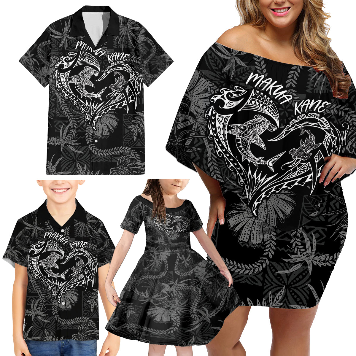Hawaii Father's Day Vintage Lei Family Matching Off Shoulder Short Dress and Hawaiian Shirt Hauoli la Makuakane - Black LT7 - Polynesian Pride