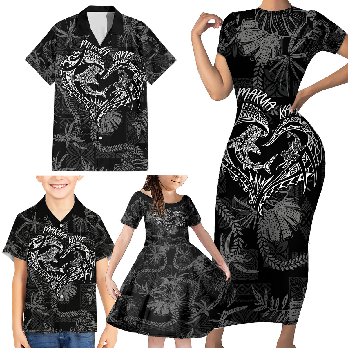 Hawaii Father's Day Vintage Lei Family Matching Short Sleeve Bodycon Dress and Hawaiian Shirt Hauoli la Makuakane - Black LT7 - Polynesian Pride