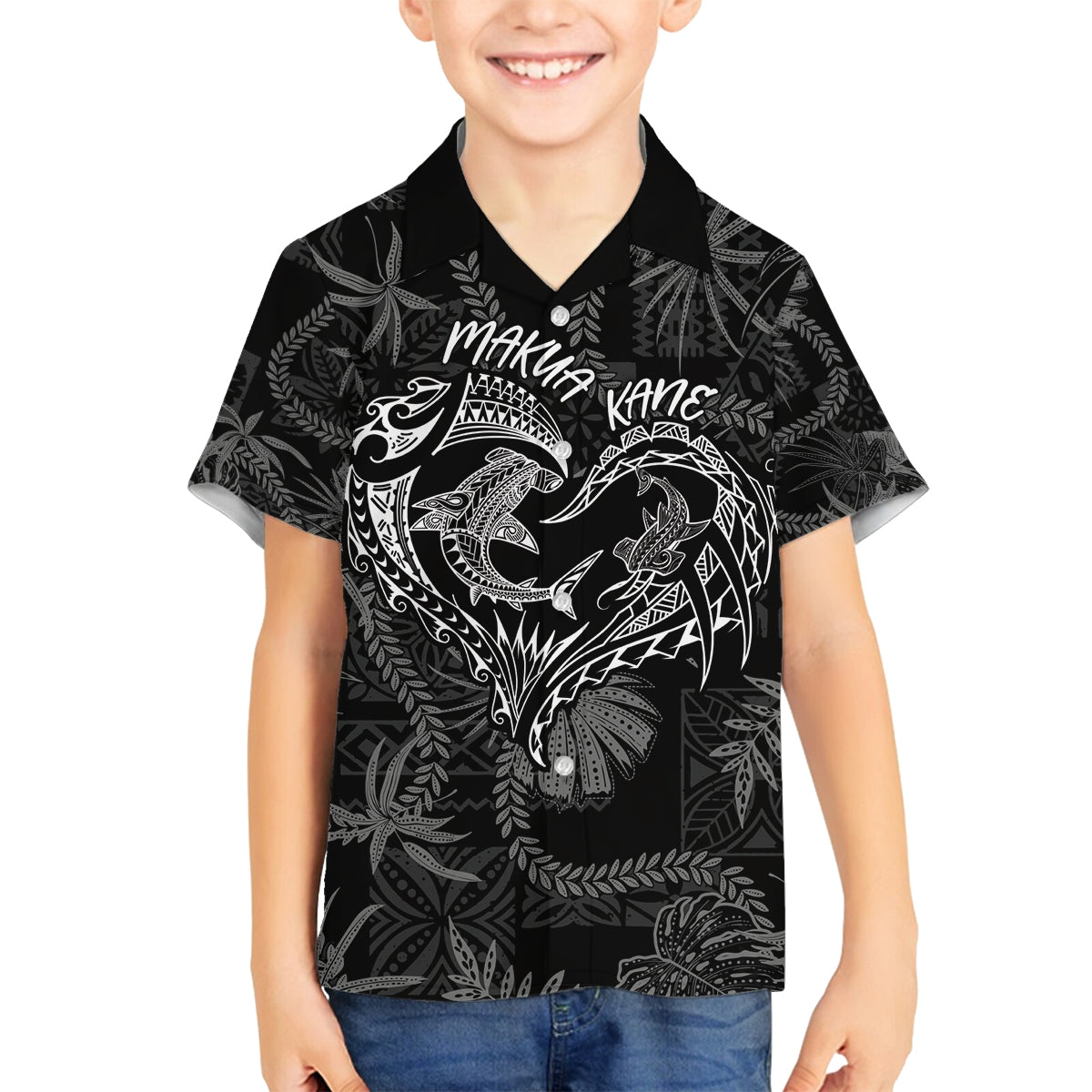 Hawaii Father's Day Vintage Lei Family Matching Tank Maxi Dress and Hawaiian Shirt Hauoli la Makuakane - Black LT7 Son's Shirt Black - Polynesian Pride