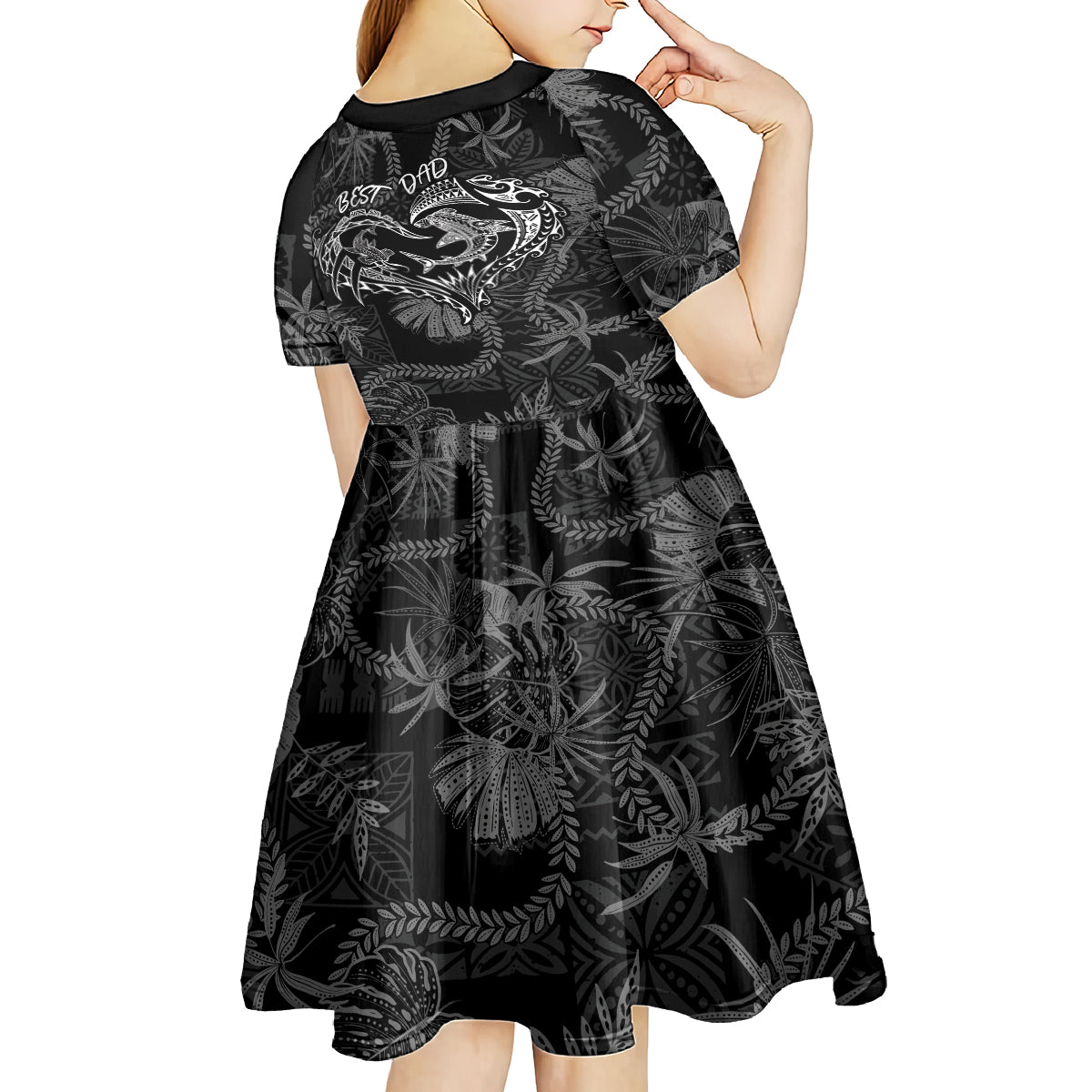 Hawaii Father's Day Vintage Lei Kid Short Sleeve Dress Hauoli la Makuakane - Black LT7 - Polynesian Pride