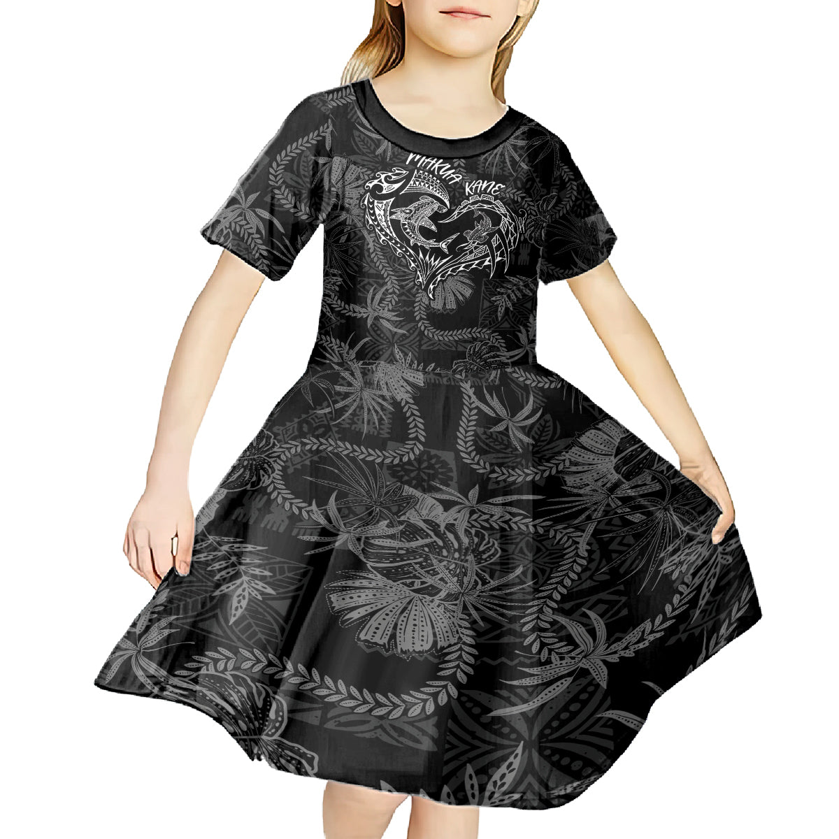 Hawaii Father's Day Vintage Lei Kid Short Sleeve Dress Hauoli la Makuakane - Black LT7 - Polynesian Pride