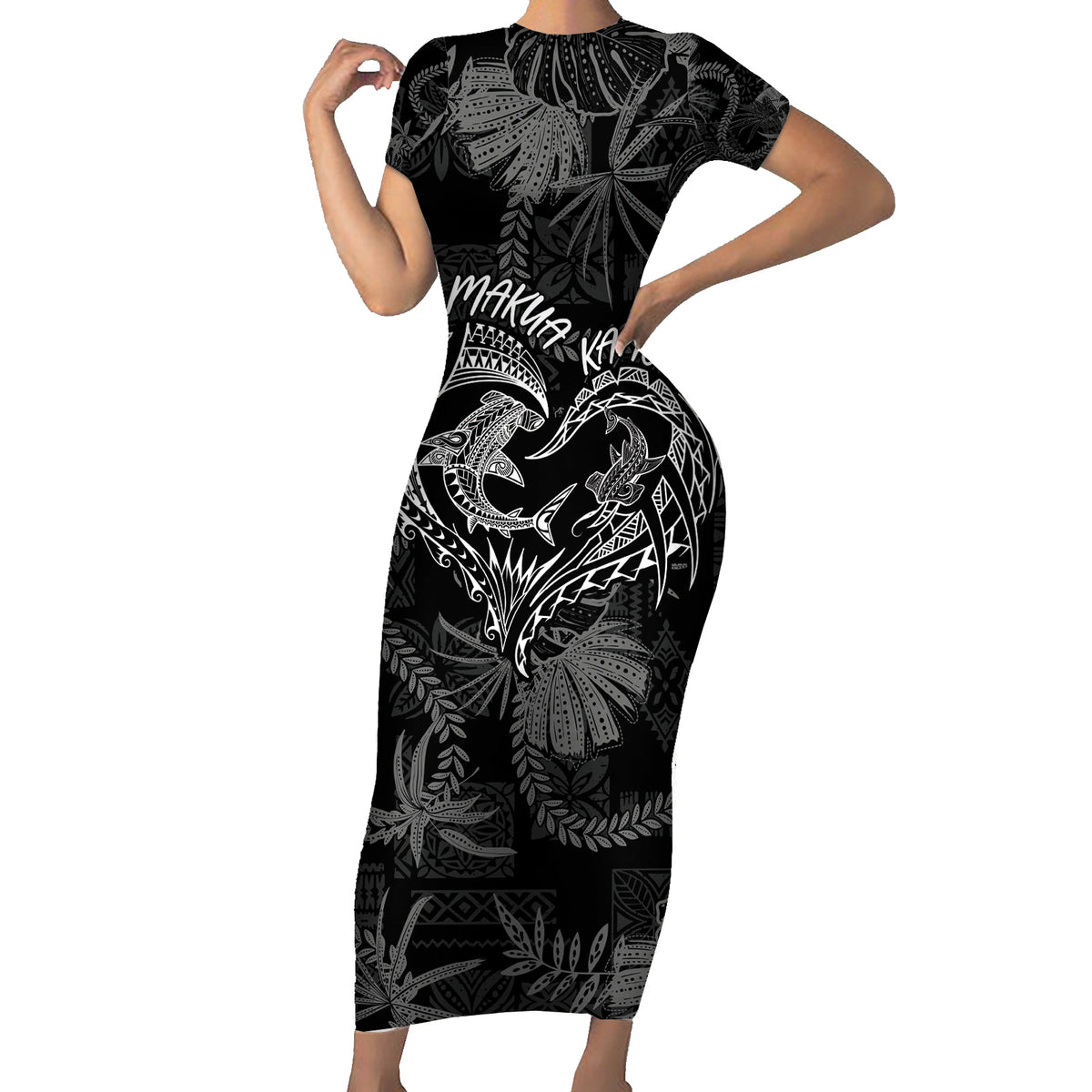 Hawaii Father's Day Vintage Lei Short Sleeve Bodycon Dress Hauoli la Makuakane - Black LT7 Long Dress Black - Polynesian Pride