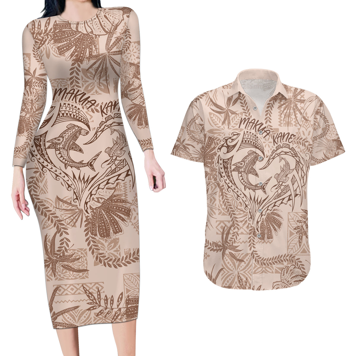 Hawaii Father's Day Vintage Lei Couples Matching Long Sleeve Bodycon Dress and Hawaiian Shirt Hauoli la Makuakane - Beige LT7 Beige - Polynesian Pride