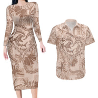 Hawaii Father's Day Vintage Lei Couples Matching Long Sleeve Bodycon Dress and Hawaiian Shirt Hauoli la Makuakane - Beige LT7 Beige - Polynesian Pride