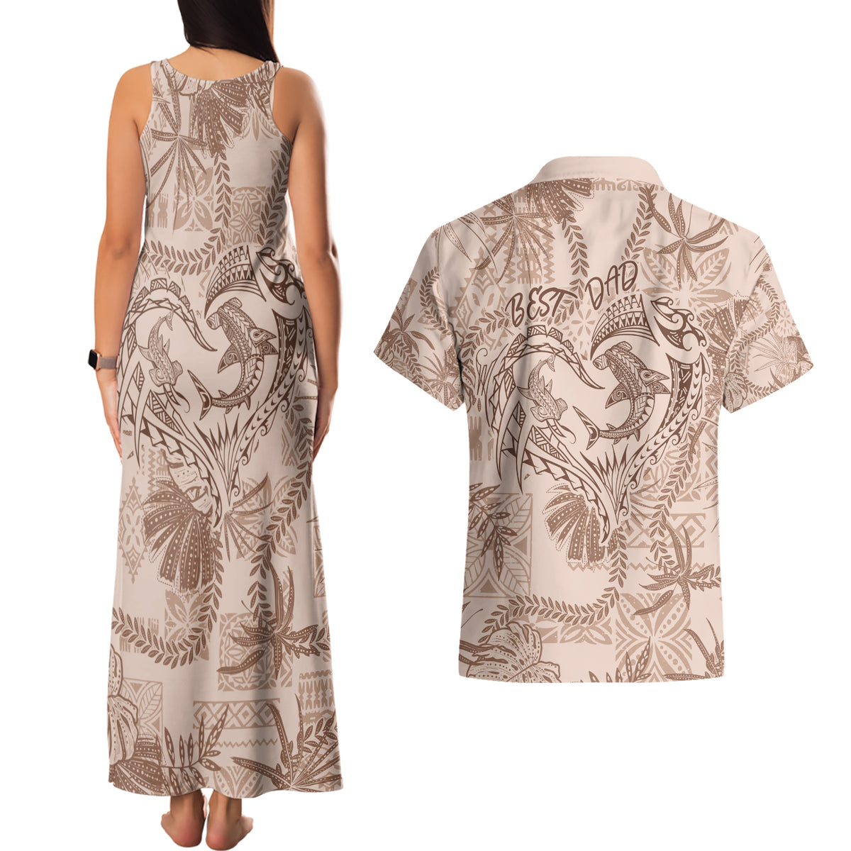 Hawaii Father's Day Vintage Lei Couples Matching Tank Maxi Dress and Hawaiian Shirt Hauoli la Makuakane - Beige