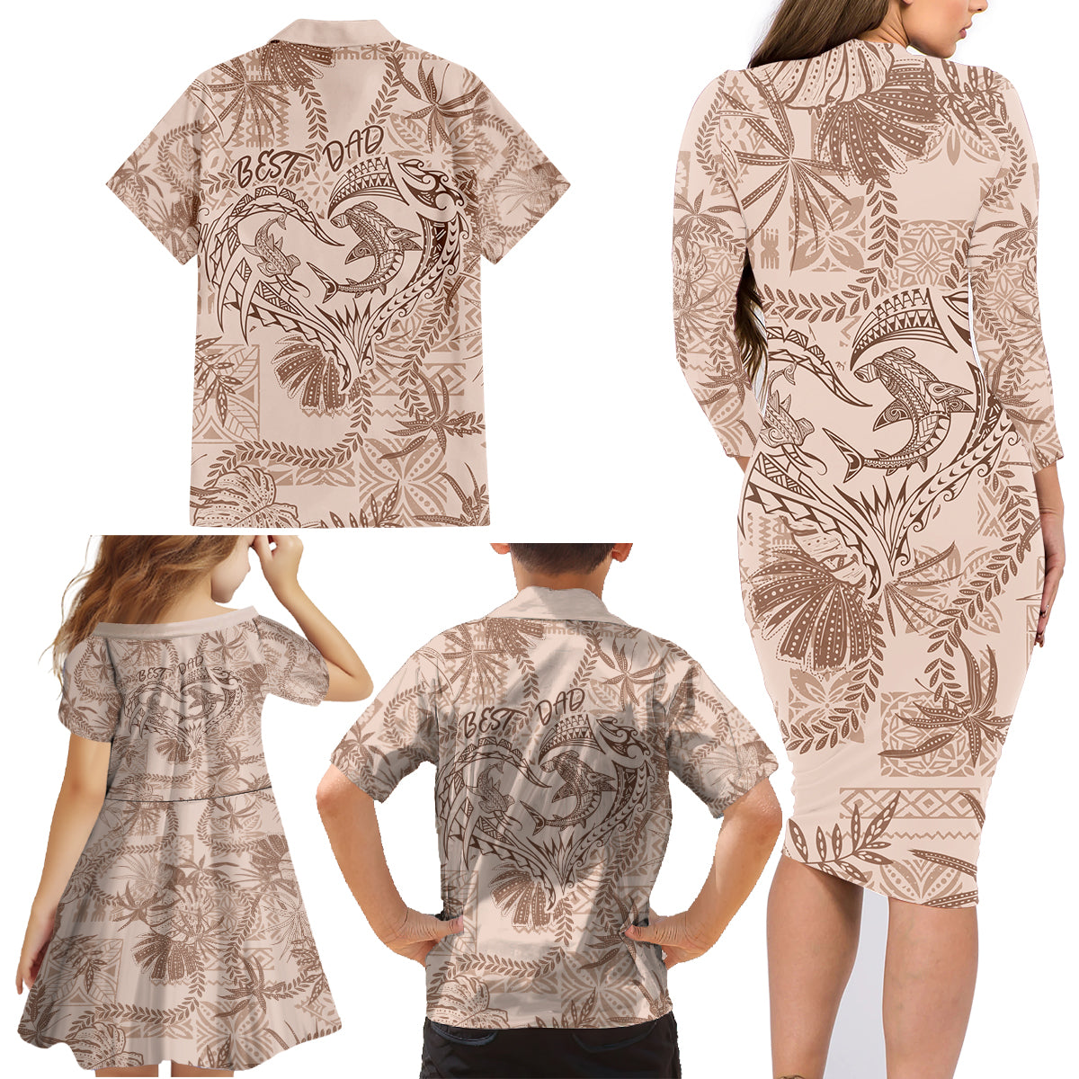 Hawaii Father's Day Vintage Lei Family Matching Long Sleeve Bodycon Dress and Hawaiian Shirt Hauoli la Makuakane - Beige LT7 - Polynesian Pride