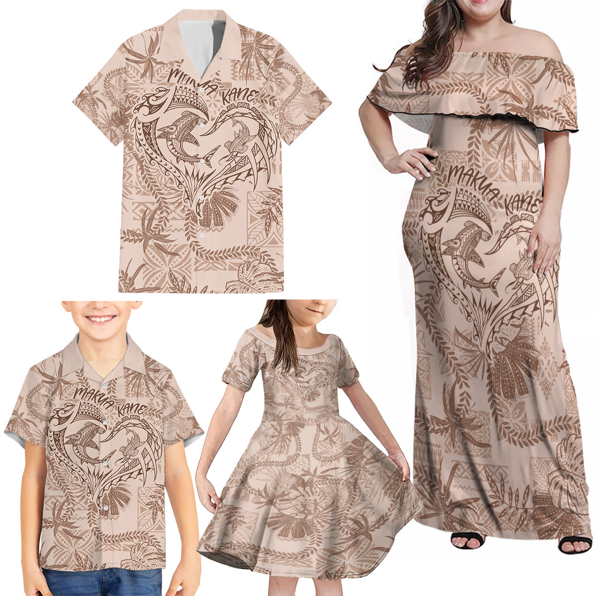 Hawaii Father's Day Vintage Lei Family Matching Off Shoulder Maxi Dress and Hawaiian Shirt Hauoli la Makuakane - Beige LT7 - Polynesian Pride