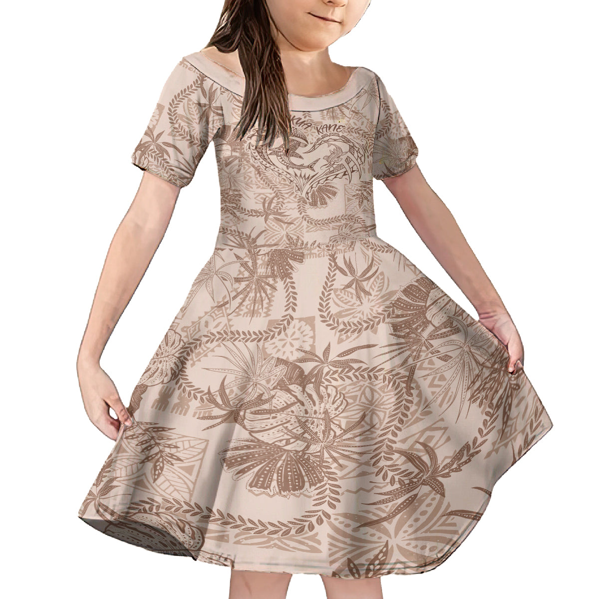 Hawaii Father's Day Vintage Lei Family Matching Tank Maxi Dress and Hawaiian Shirt Hauoli la Makuakane - Beige LT7 Daughter's Dress Beige - Polynesian Pride