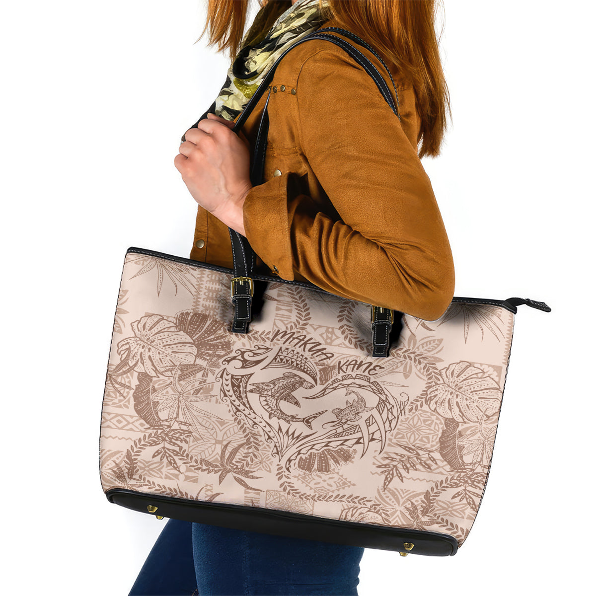 Hawaii Father's Day Vintage Lei Leather Tote Bag Hauoli la Makuakane - Beige LT7 Beige - Polynesian Pride