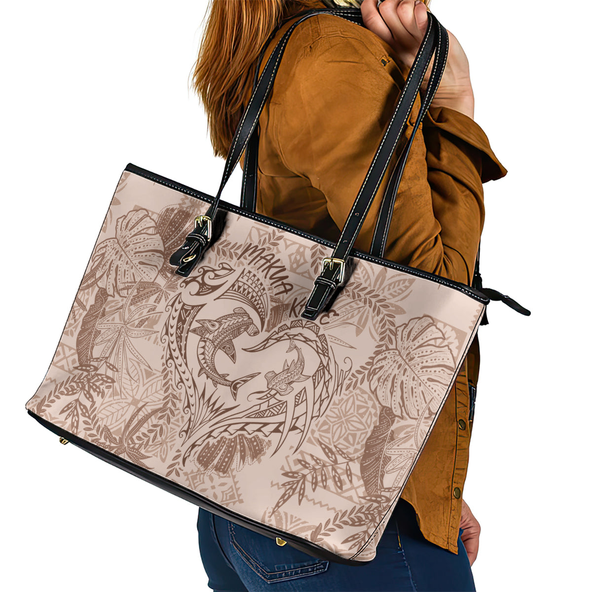 Hawaii Father's Day Vintage Lei Leather Tote Bag Hauoli la Makuakane - Beige LT7 - Polynesian Pride