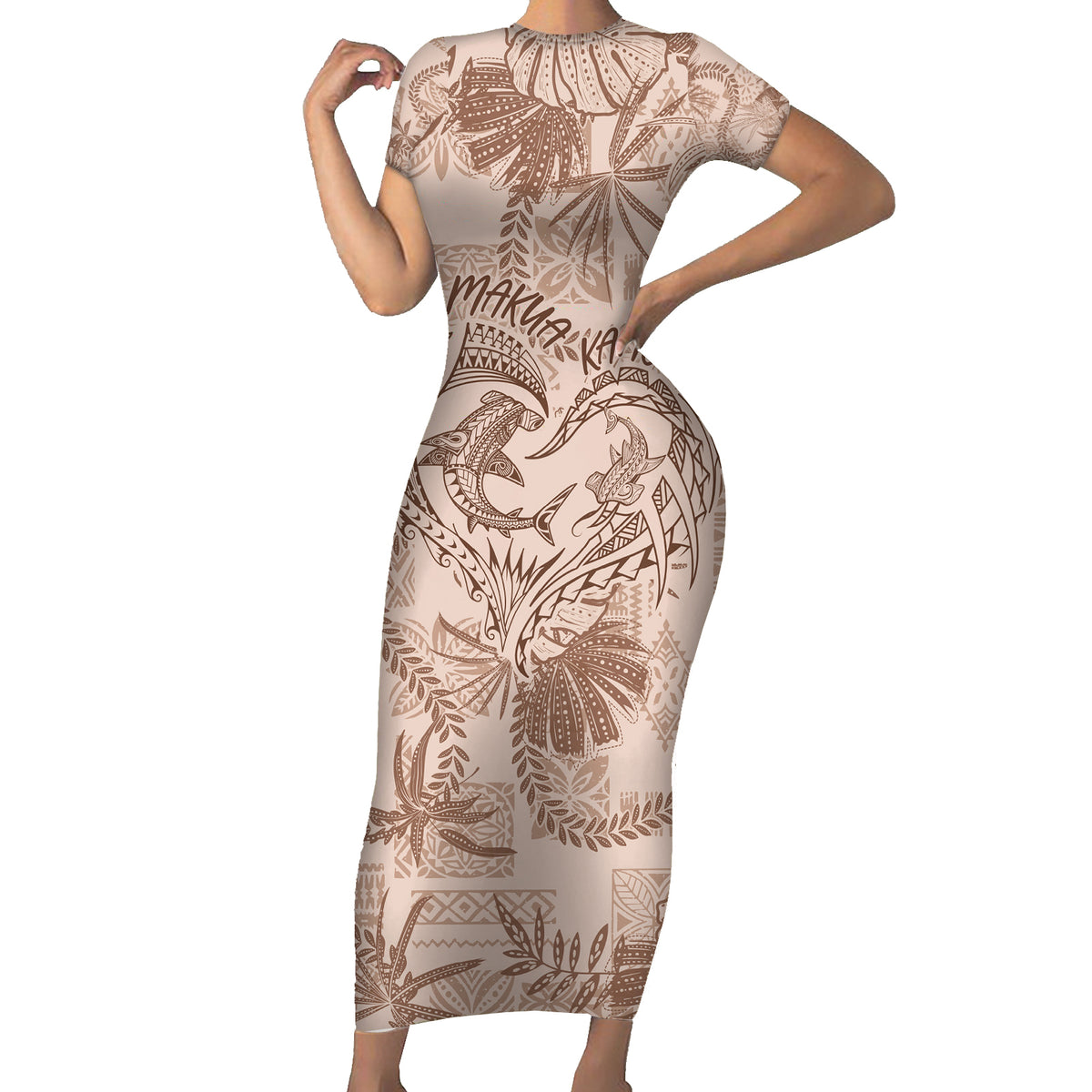 Hawaii Father's Day Vintage Lei Short Sleeve Bodycon Dress Hauoli la Makuakane - Beige LT7 Long Dress Beige - Polynesian Pride